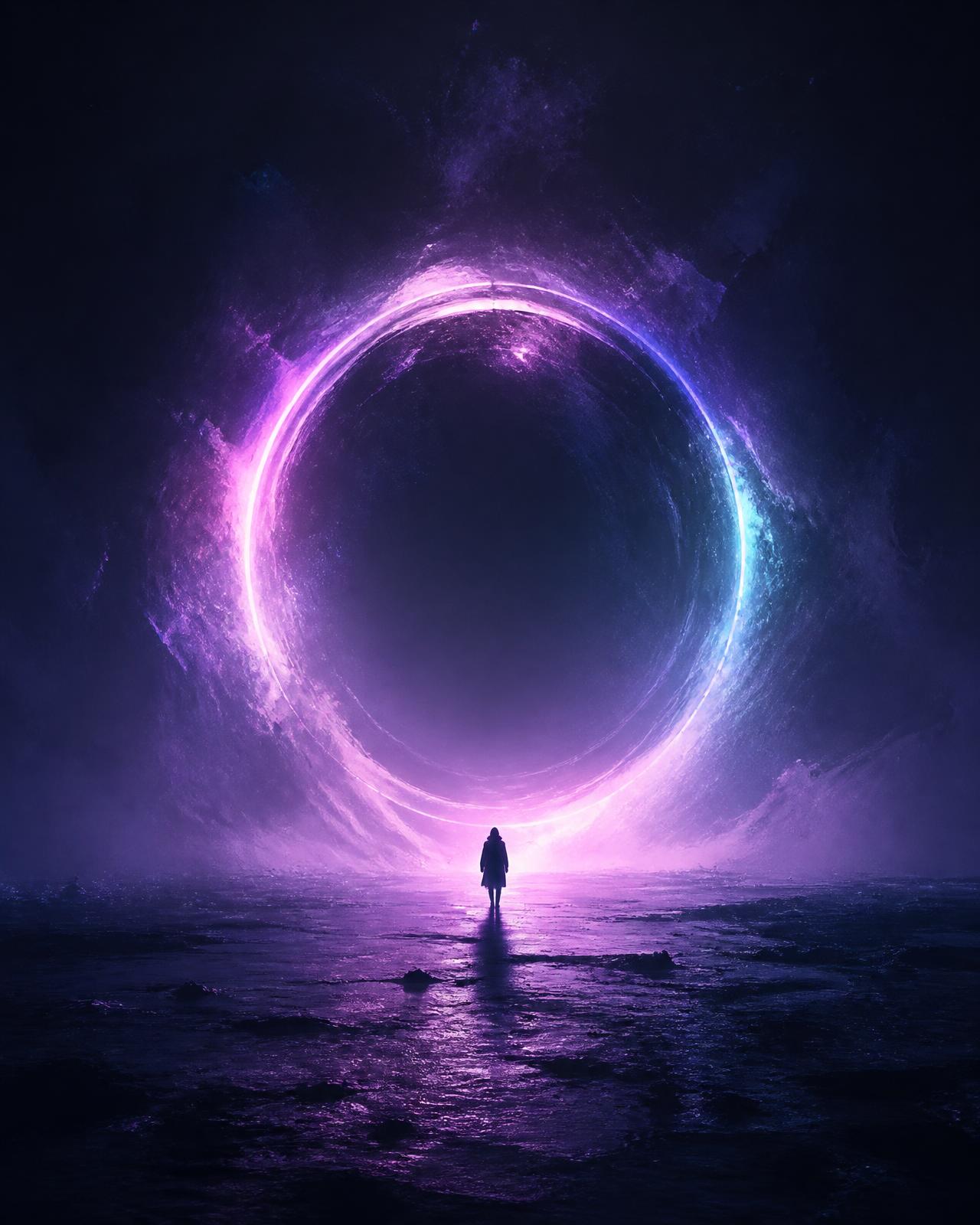 A lone silhouette before a glowing violet portal ring
